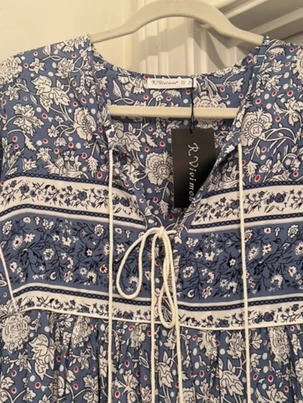 Blue Floral Midi Dress with Tassel Tie - Picture 4 of 15